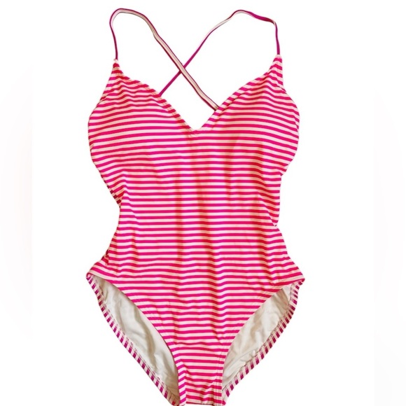 Kate Spade spaghetti strap 2 tone pink/ purple stripe onepiece low scoop back - Picture 6 of 8